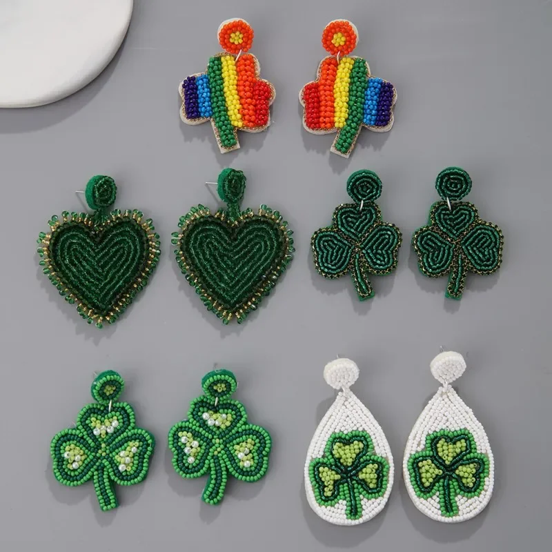 Beaded earrings Fabric art Leaf Heart Originality Hand knitting Bohemia Alloy Rainbow Water drop Alloy female Rice bead earrings