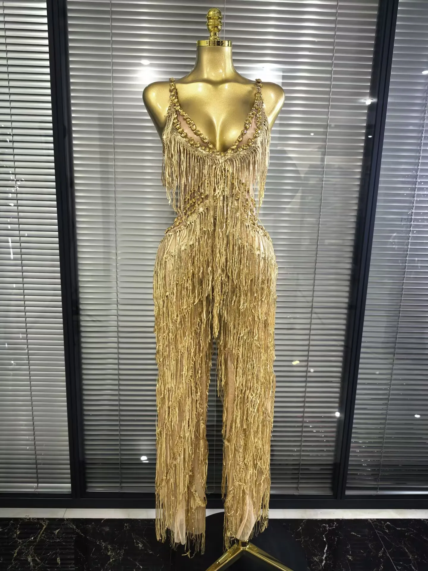 bodycon jumpsuit dresses Black Gold Fringes Women Sexy Mesh See Through Nightclub Party Bar Dancer Performance Costumes Stage Wear 35 in (86 Cobalt Pleated A-Line Long Chiffon Color:SOFT YELLOW