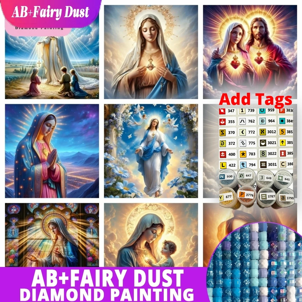 

AB Фея Пыль Мать Иисуса Полный круглый комплект алмазной живописи Мэри Религиозная вера Женский портрет Любовь Мозаика Домашняя спальня Стена
