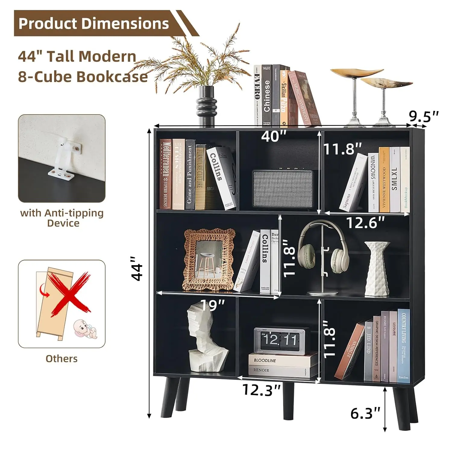 8 Cube Bookshelf,Mid-Century Modern Book Shelf with Legs, Black | 3 Tier Bookcase, Rustic Wood Bookshelves, Customized