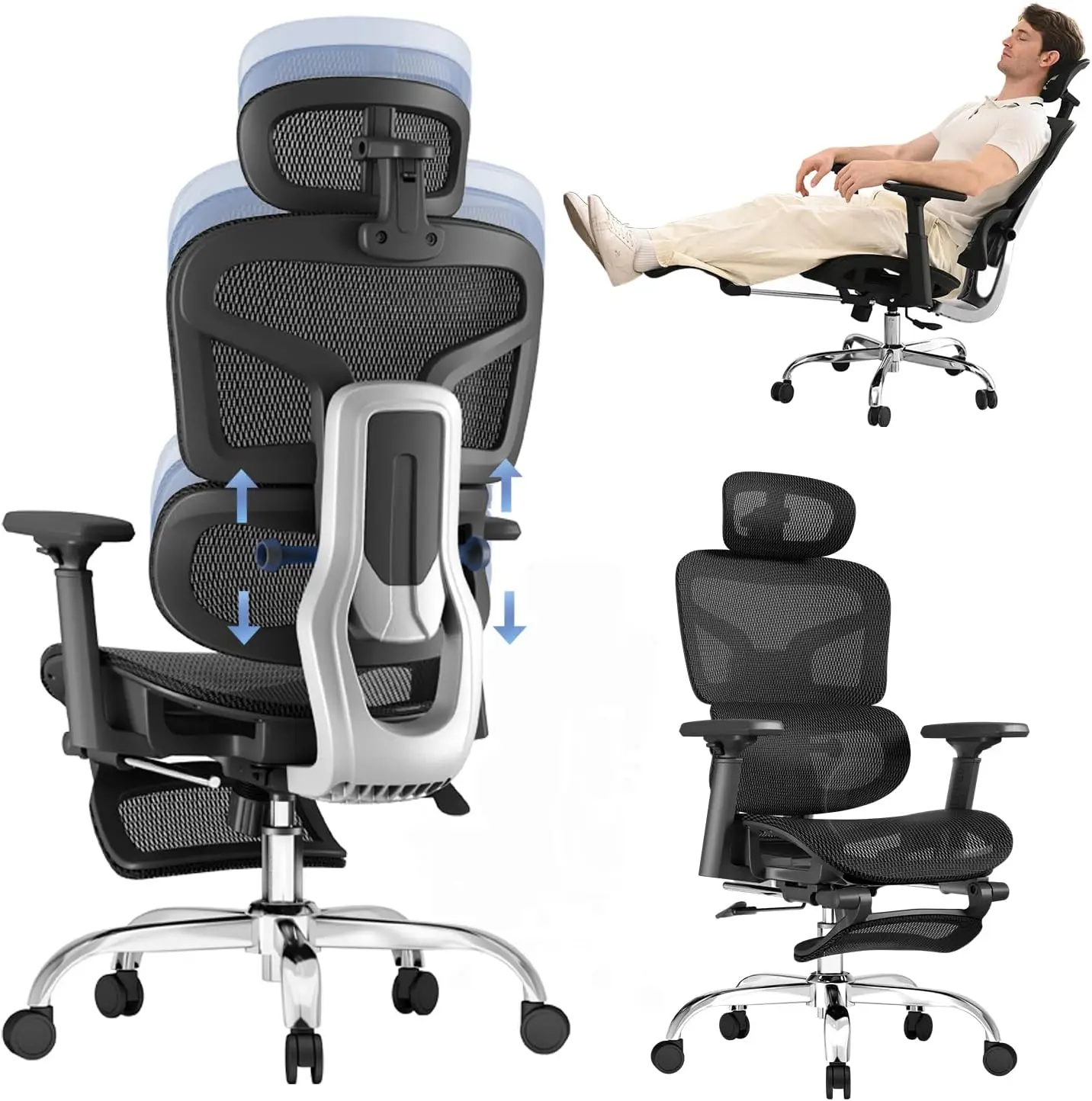 

Эргономичное офисное кресло с 5-уровневой регулируемой спинкой, регулируемой поясничной опорой, регулируемым 3D-подголовником, 3D-подлокотниками, дышащим M