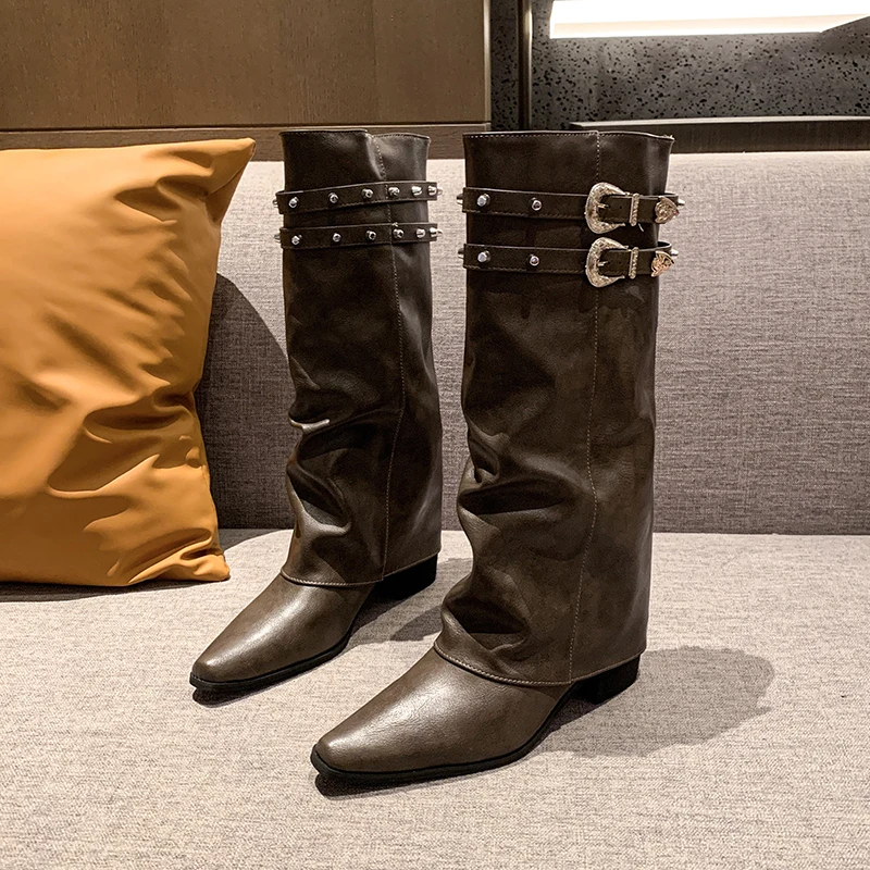 

Autumn Cowboy Boots For Women Fashion Slip On Long Pipe Boots Female Square High Heel Trend Winter Footwear