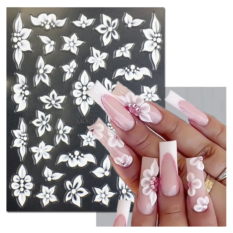 

5d Embossed Nail Art Stickers Elegant White Florals Flowers Adhesive Sliders Decals Decorations For Nail Tips Manicures