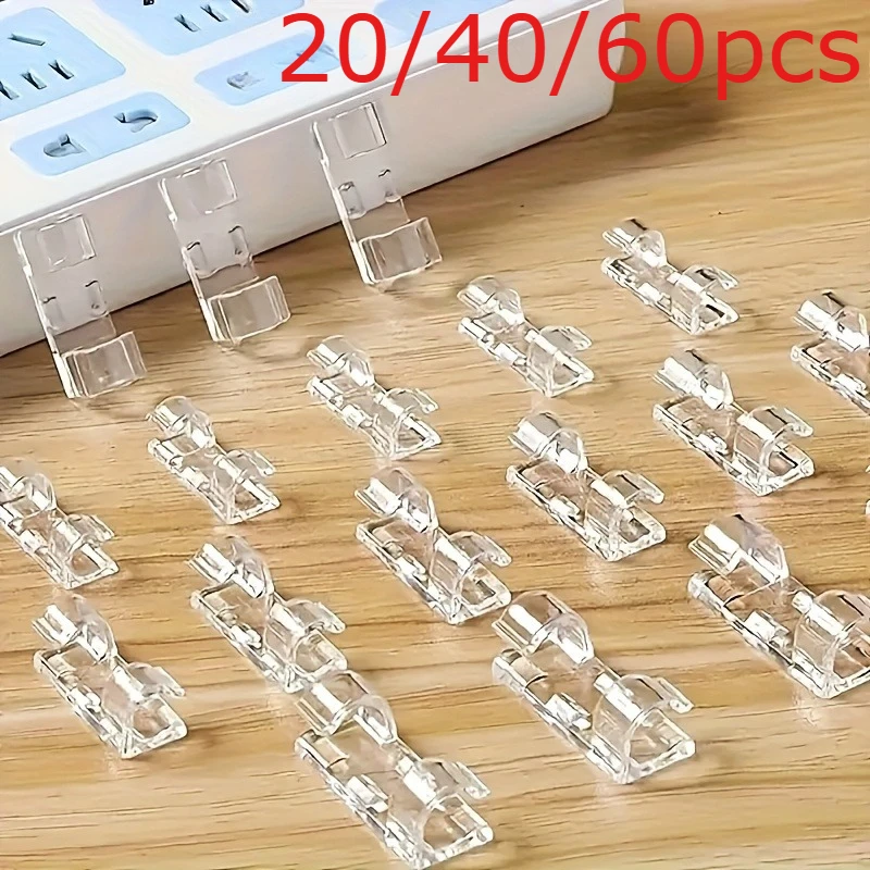 20/40/60pcs Clear Cord Holders, Adhesive Plastic Cable Clips, No-Drill Wire Organizers for Power Strips,Walls and Under Desk Use