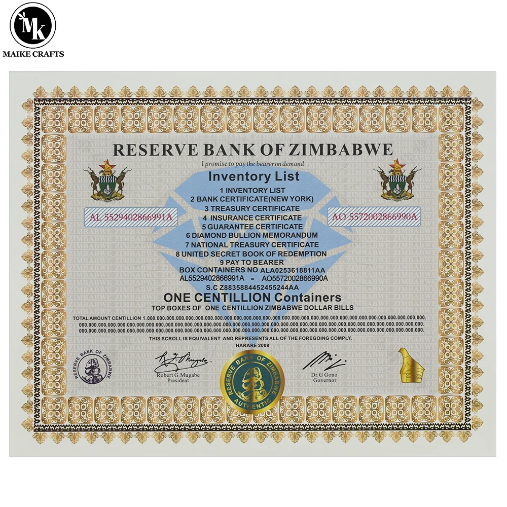 Latest Zimbabwe ONE Centillion Containers Banknote Certificate with Serial Number UV Anti-counterfeiting Paper Money Gifts