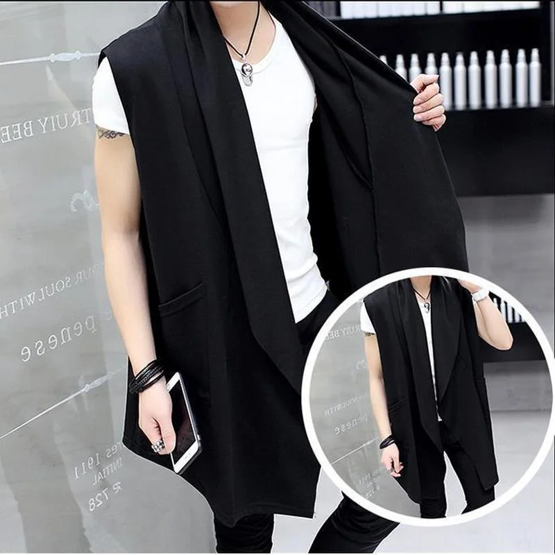 2022 Men Fashion Long Vest Sleeveless Jacket Cardigan Men Nightclub Singer Stage Costume Korean Casual Cloak Mens Clothing