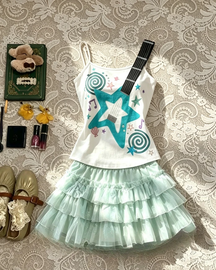 Trendy Ladies  Vintage Two Piece Outfits Piano Graphic Slim Blouse Mini Skirt Cute Japanese Harajuku Y2K Street Matching Suits