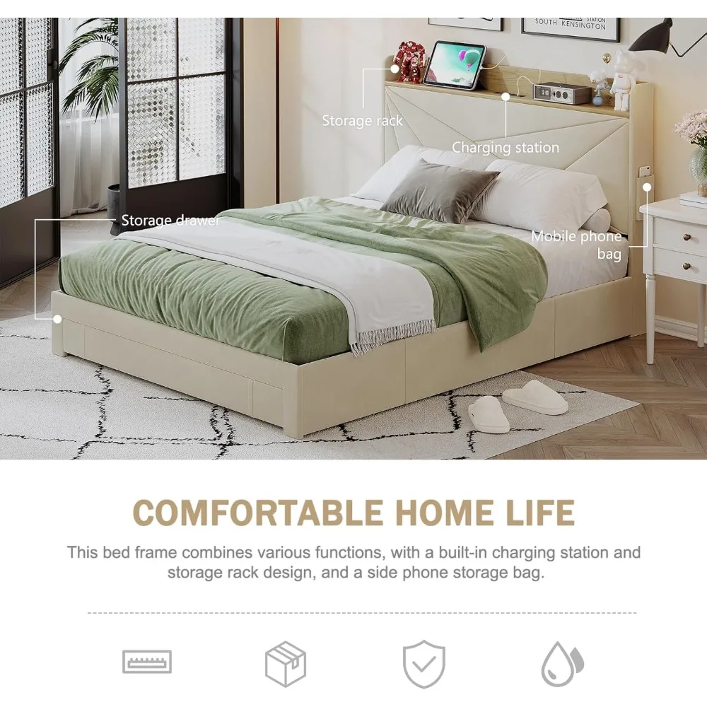 Cadre de lit queen avec tête de lit et 3 tiroirs de rangement, cadre de lit plateforme rembourré queen size avec USB AC et unité de chargement de type C