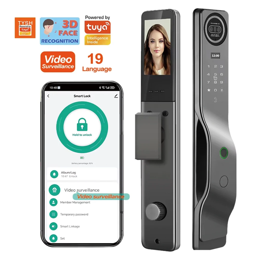 TYSH Automatic Electronic Fingerprint Biometric Lock Wifi Smart Lock Tuya 3d Face Recognition Digital Door Lock With Camera