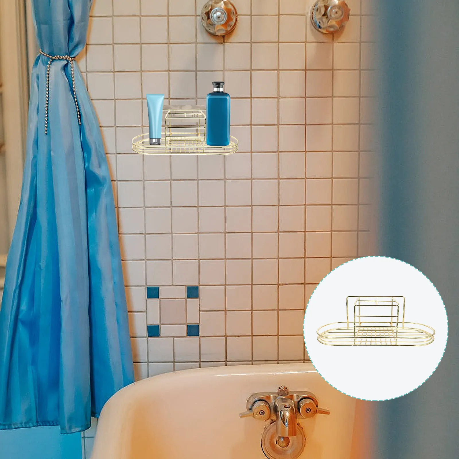 1Pcs Golden Iron Bathroom Storage Rack Hollowed Design Toothbrush Cup Holder Shampoo Razor Organizer Anti Slip Drain Bathroom