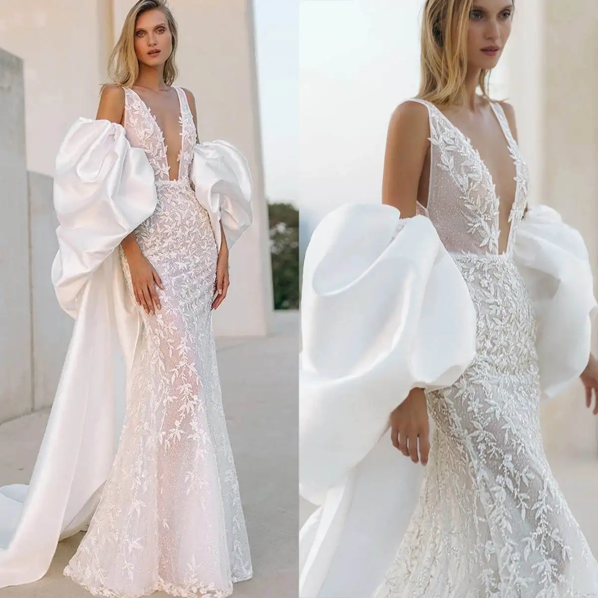 Vestidos De Novia De sirena elegantes, Apliques De encaje, vestido De Novia con capa, ilusión sin espalda, Vestidos De Novia hechos a medida