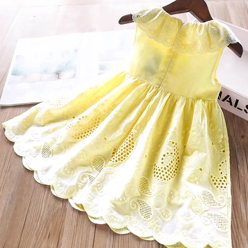 2025 New Girls\' Dresses Children\'S Summer Cotton Embroidered Hollow Dress Baby Kids Clothing Cute Ruffled Round Neck Vest Dress