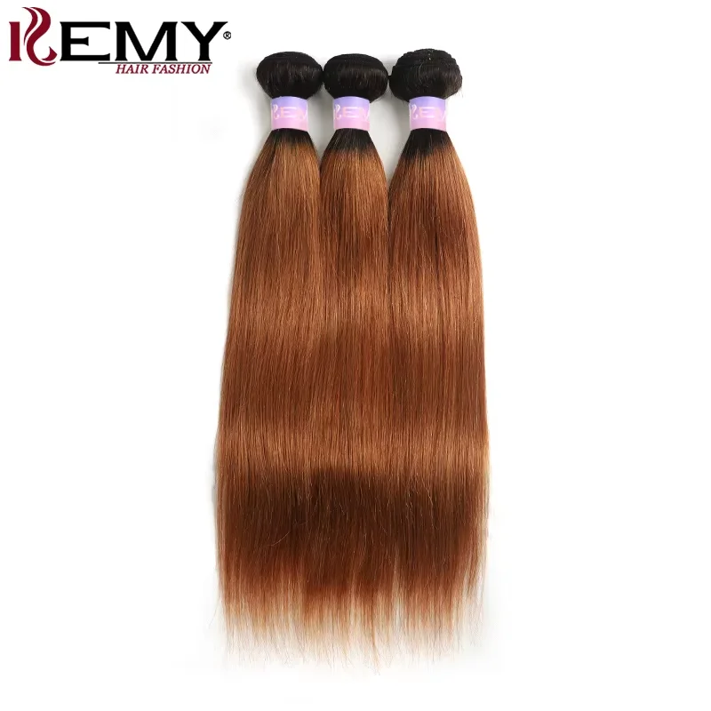 Tissage en Lot Brésilien Naturel Remy avec Lace Closure, Cheveux Lisses, Brun Ombré T1B/30, 3 Lots