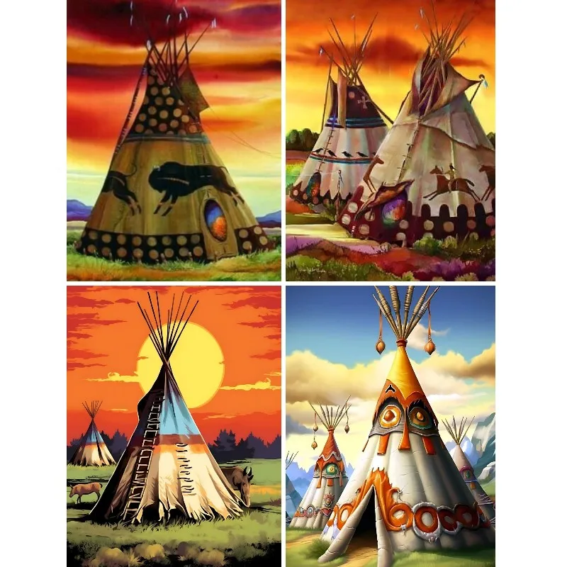 Diamond Embroidery Indian Wigwam Landscape,5D Diamond Painting Teepee Tent,Picture of Rhinestones ,Mosaic Needlework, Hobby