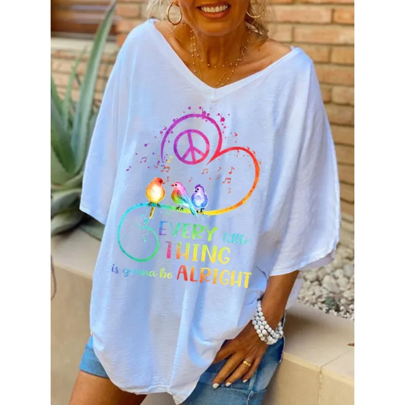ilstile Women's Love Hippie Print T-Shirts Summer Short Sleeve Casual Loose V Neck Long Tops White Black