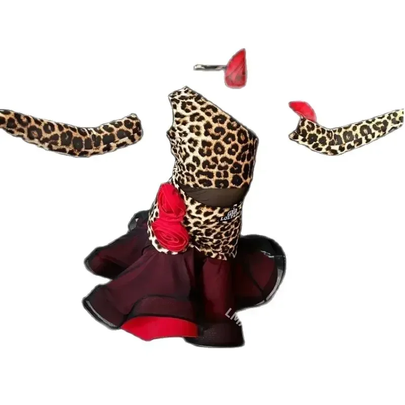 Sukienka do tańca latynoskiego Jedno ramię Leopard Sukienka do tańca latynoskiego Dziewczęca profesjonalna sukienka do tańca latynoskiego Salsa Wear — zdjęcie 7