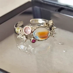 Korean Fashion Delicate Oval Opal Open Adjustable Rings For Women Girls Cute Pink Crystal Finger Ring Aesthetic Jewelry Gifts