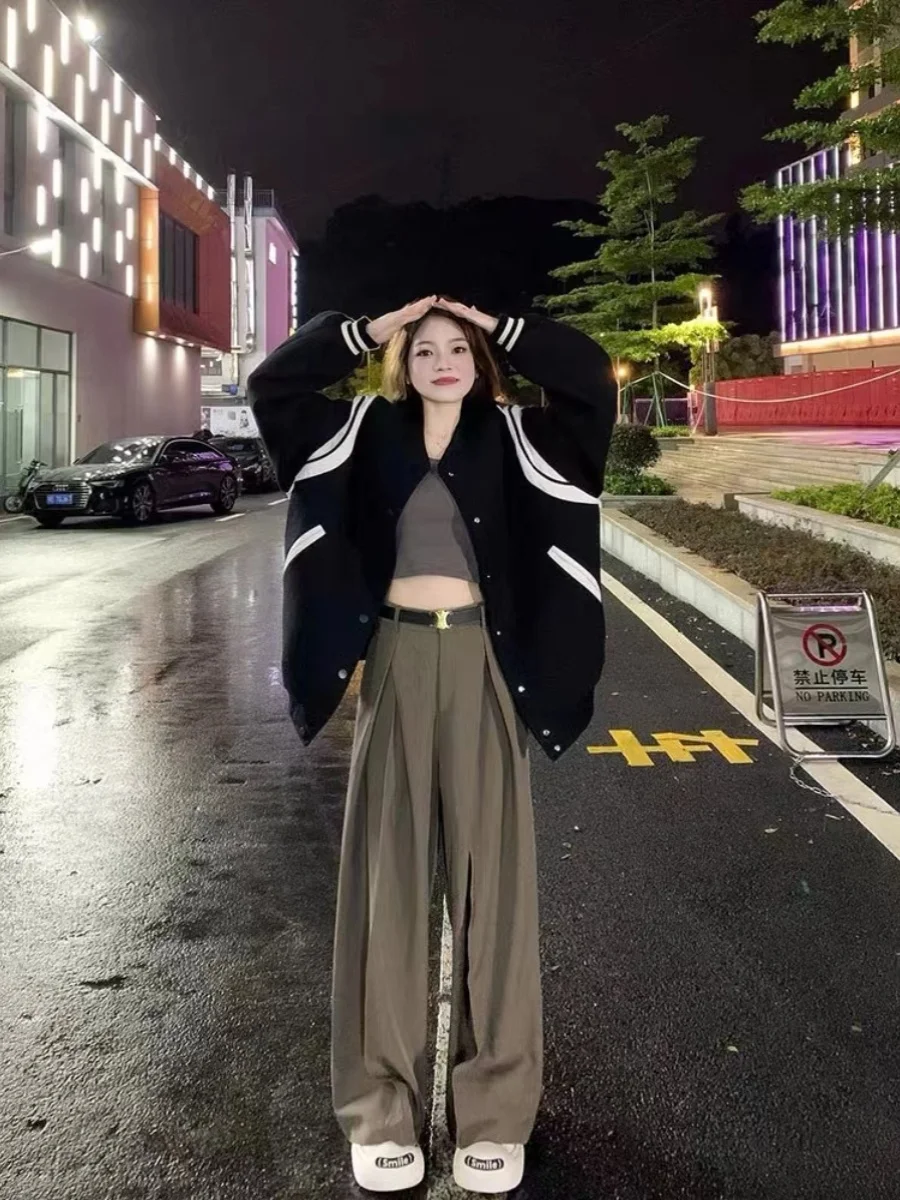 

Baseball Jackets Oversized Womens Spring Upgraded Workwear Velvet Decorated Asymmetrical Sukajan Folds Turtleneck Heavy Vintage