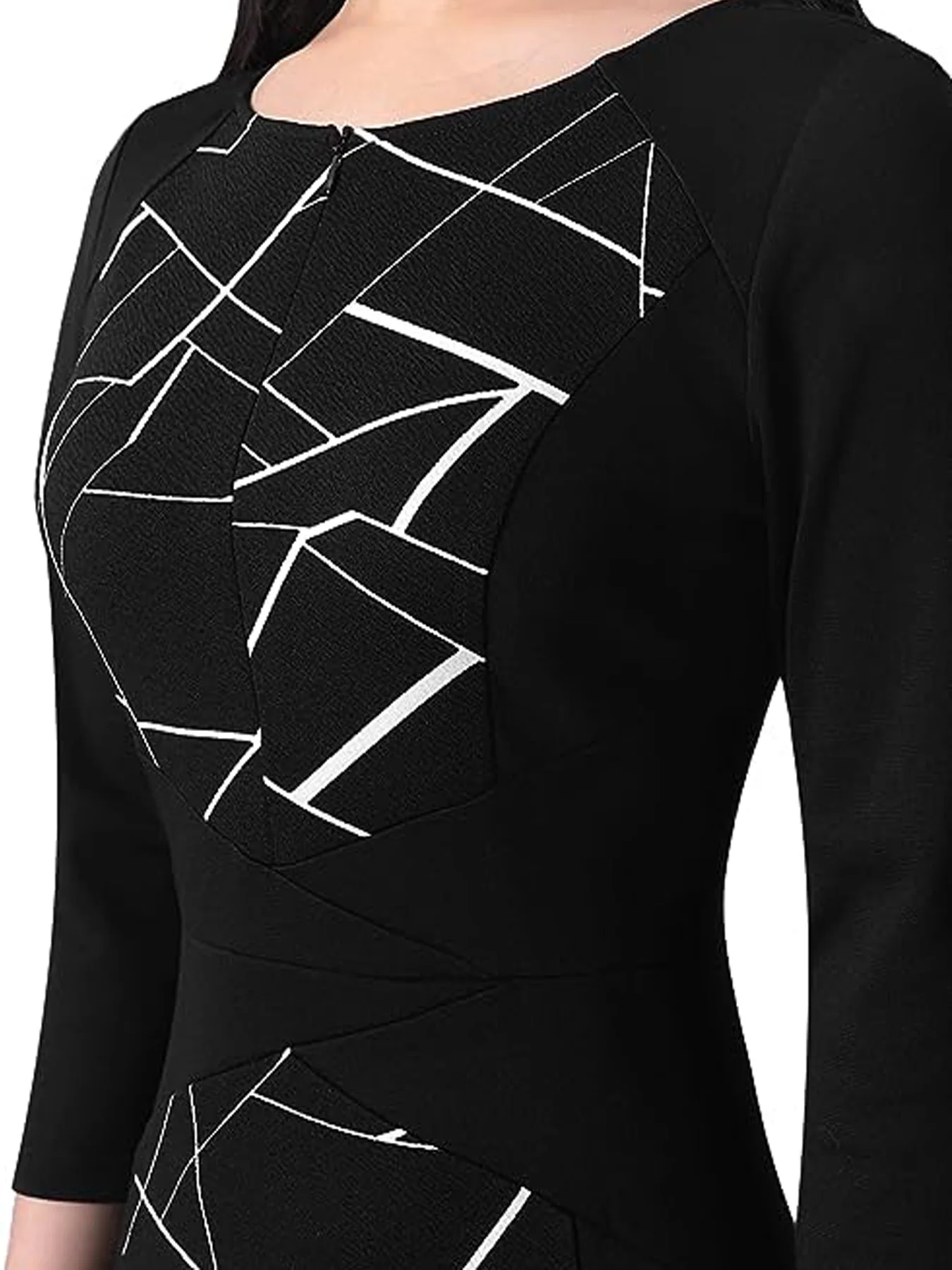 Elegantes Business-Kleid für Damen mit V-Ausschnitt, 3/4-Ärmeln, knielang, figurbetont, geometrischem Print und Patchwork-Design für Herbst und Büro – Detail 6