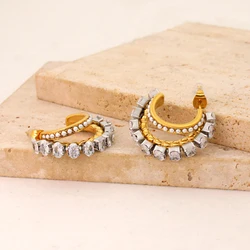 Shiny Bling White Zirconia Stainless Steel Ear Stud Luxury Irregular C Shape Hoop Earrings Golden Ear Jewelry Anti Allergic