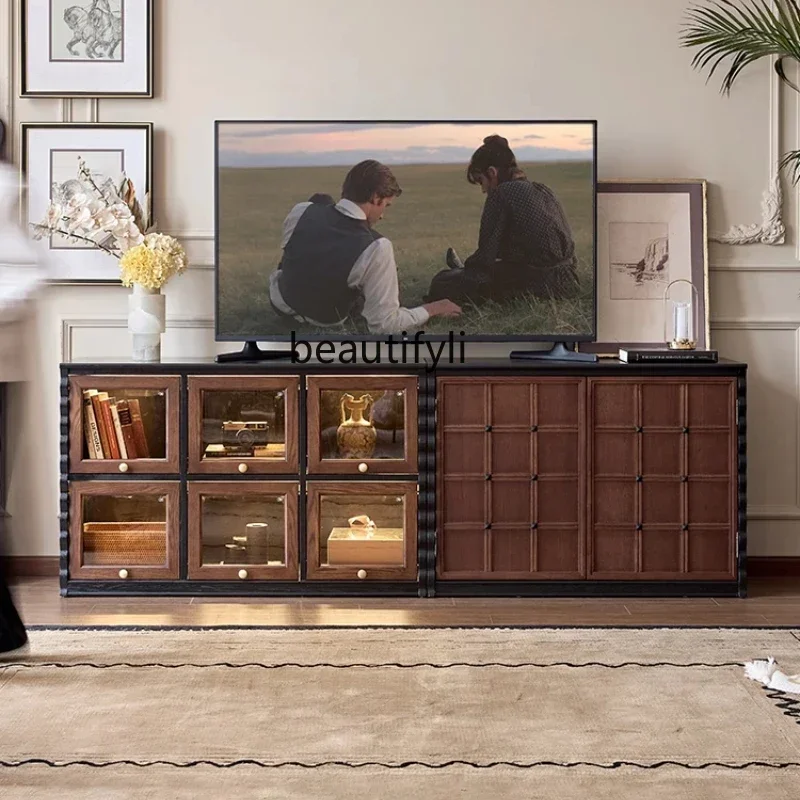 

46A French medieval solid wood TV module combination display lattice cabinet storage floor cabinet