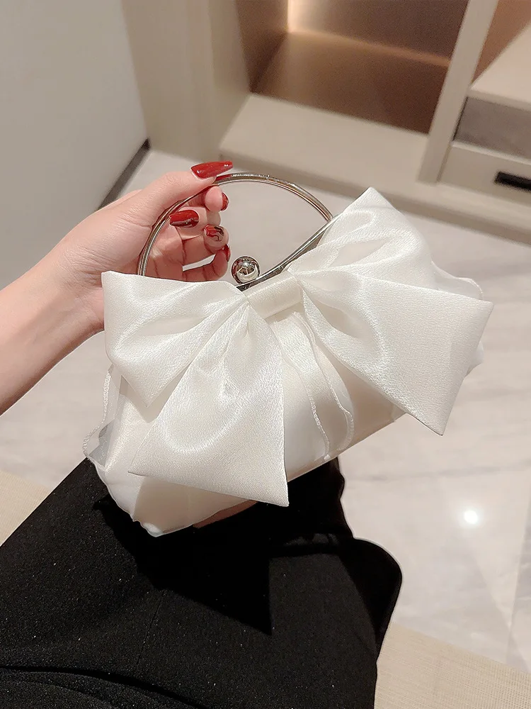 White Satin Bow Fairy Evening Bags Clutch Metal Handle Handbags For Women Wedding Party Bridal Clutches Purse Chain Shoulder Bag