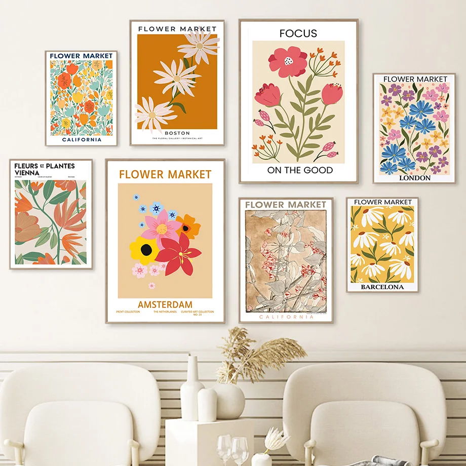 Flower Market Colorful Nordic Style Vintage Illustration Abstract Wall Art Canvas Painting Posters And Prints Living Room Decor