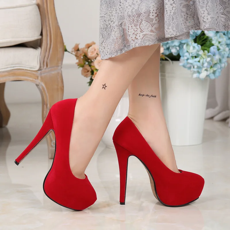 2024 High Heels Platform Pumps 14cm Sexy Ladies Party Red Stiletto Heels 4cm Waterproof Women\'s Shoes Size 46 Round-Toe Fashion