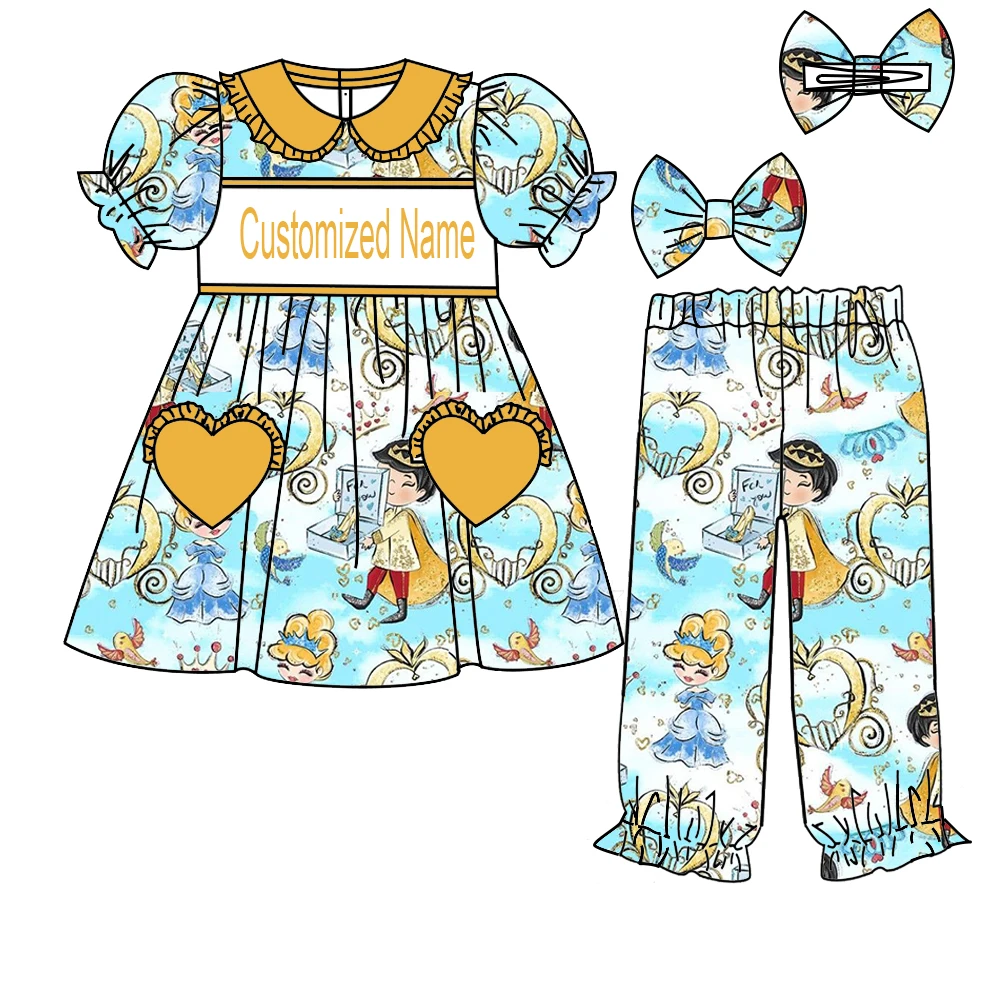 Nueva boutique traje para niños solapa encaje manga corta castillo flor sirena estampado de dibujos animados pantalones elástico niña pijama traje