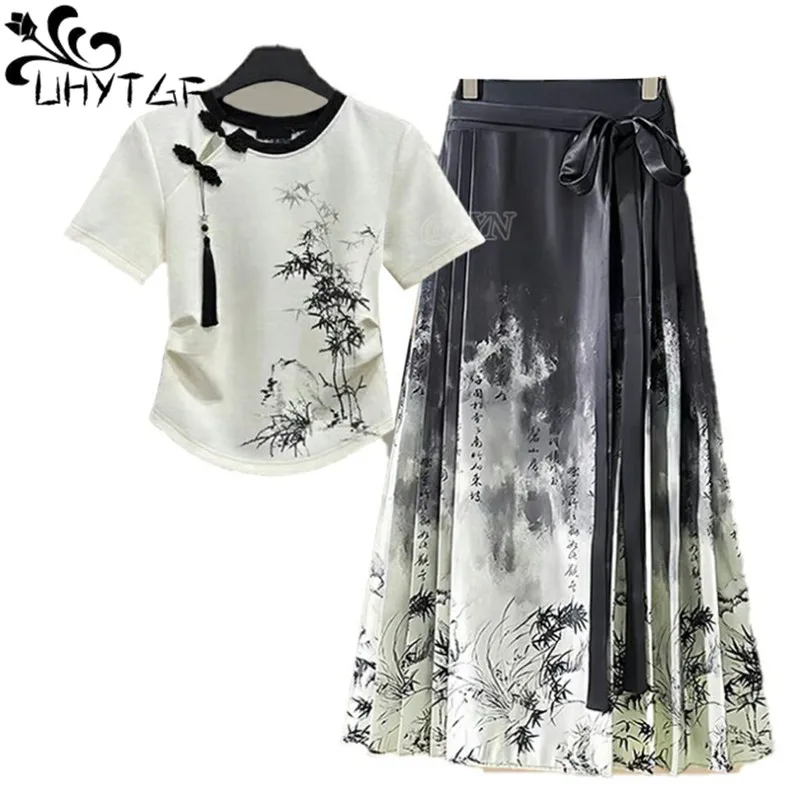 

New Short Sleeve O-Neck Women Blouse Chinese T-Shirt Women Tops Fashion Hanfu Improved National Style Horse Face Skirt Set Women