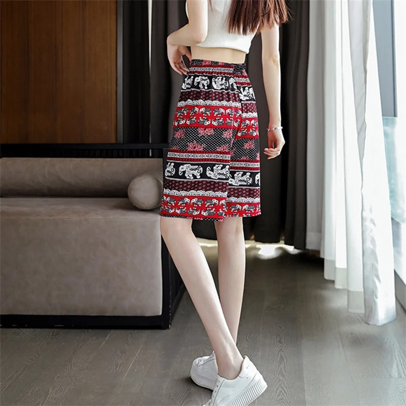 Summer High Waist Wide Leg Shorts for Women Elephant Print Straight Pant Casual Elasticity Middle Trousers New Female Clothes