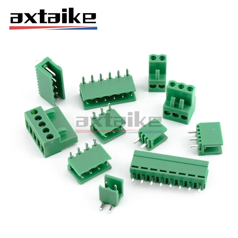 10sets HT 3.96mm 2/3/4/5/6/7/8Pin 10A 300V Connector Plug-in Terminal Block Green Female Male Plug Socket Straight Curved Needle