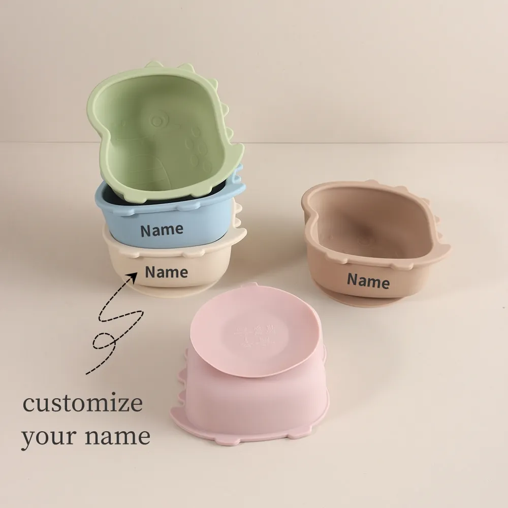 Customize Name Silicone Baby Bowl Suction Feeding Food Grade 1st Birthday Gift Dinosaur Shaped