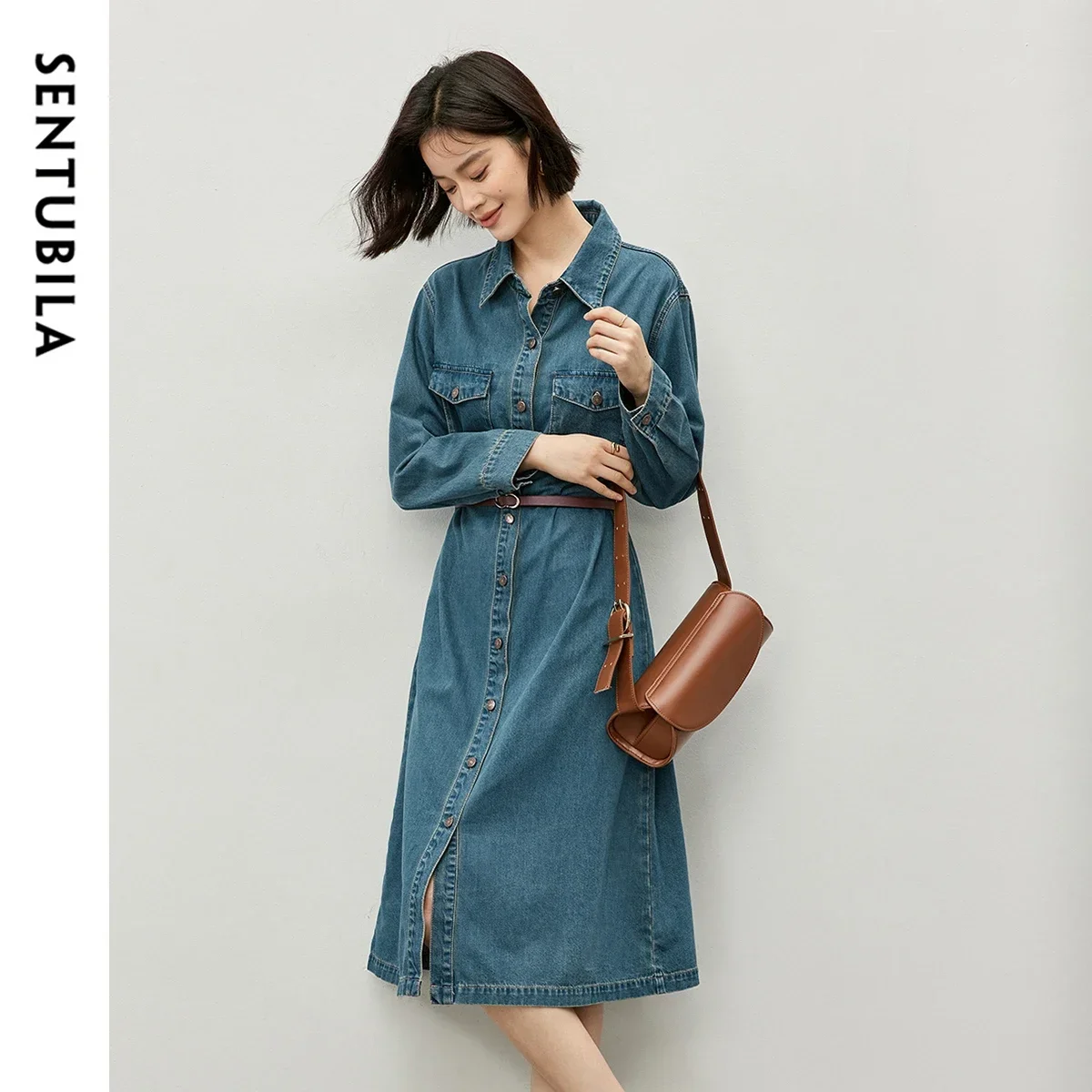 SENTUBILA femmes Vintage Denim chemise robe 2025 printemps automne simple boutonnage longue a-ligne Jean robes dames vêtements W43L57317
