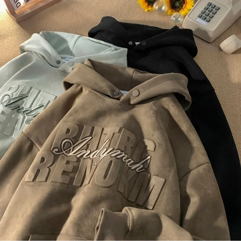 Coffee colored American retro textured print spring and autumn hooded sweatshirt both men and women oversized and cool jacket