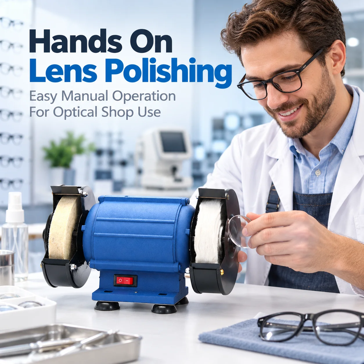 AOLIVIYA Eyeglass Lens Polishing Machine Optical Lens Grinder Manual Glasses Edger Polisher 120W 3000RPM Optical Shop Tool