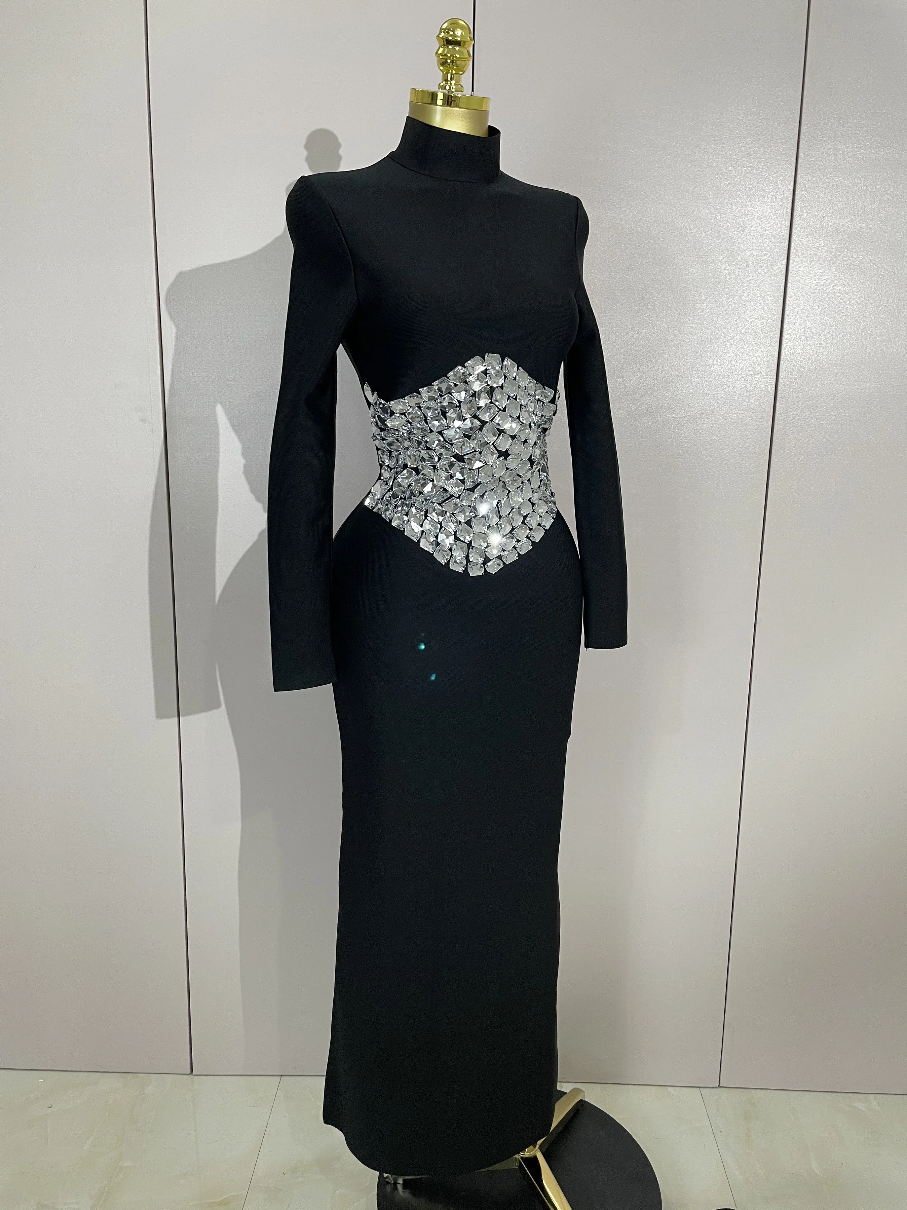 Elegante Sparkly Diamonds Lange Mouwen Bodycon Lange Bandage Jurk Vrouwen Avond Prom Luxe Verjaardagsfeestje Bruiloft Gast Jurken