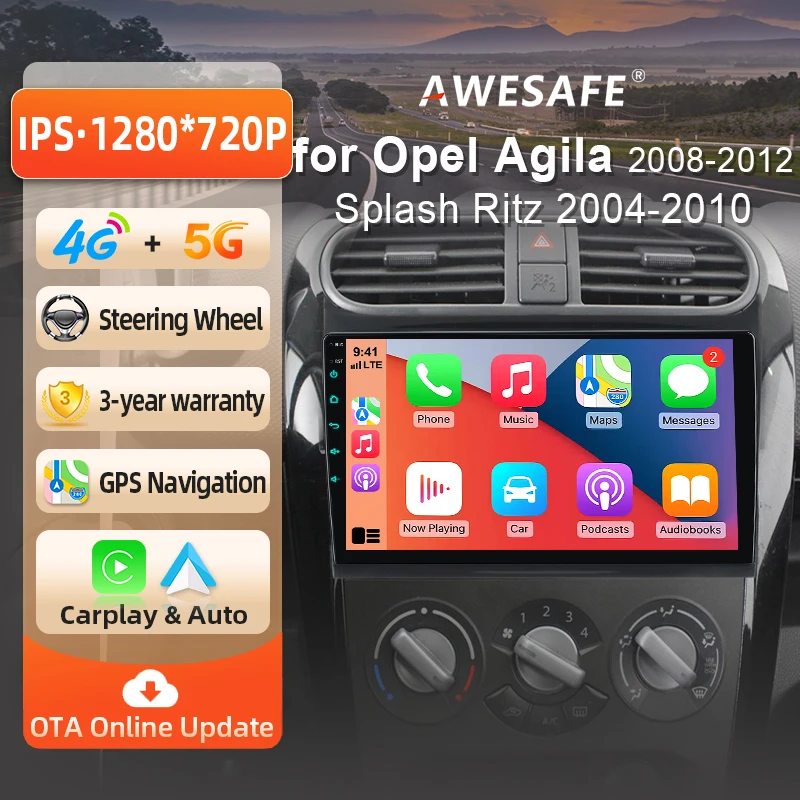 AWESAFE Radio Android de 9 pulgadas para SUZUKI Splash Ritz 2004-2010, para Opel Agila 2008-2012, CarPlay inalámbrico y Android Auto, navegación GPS, soporte multimedia, control del volante, amplificador de subwoofer, cámara trasera, Plug and Play, DAB+, autoradio digital 2 DIN RDS
