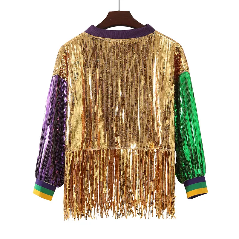 Spring Autumn New Fashion Tassel Sequin Women Long Sleeved Jacket Casual Loose Female Color Blocked Tops
