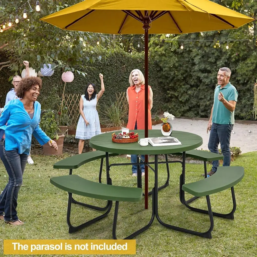 8 Person Picnic Table, Outdoor Round Picnic Table with 4 Built-in Benches, Umbrella Hole, Metal e & HDPE Tabletop, Outside Table