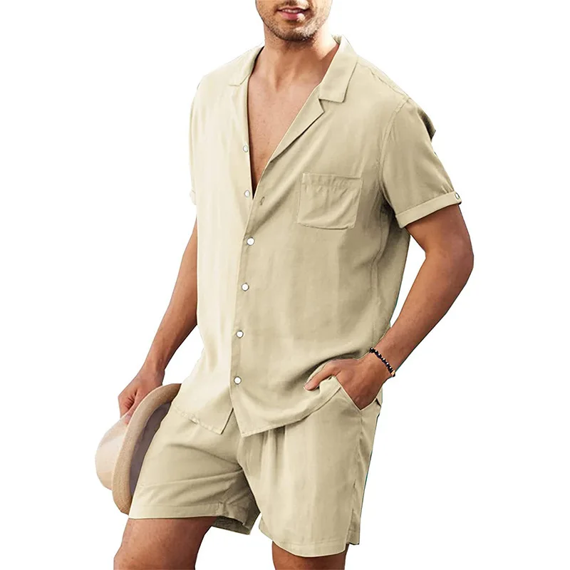 New men\'s linen short sleeved shirt set linen summer loose casual cotton cardigan shirt shorts