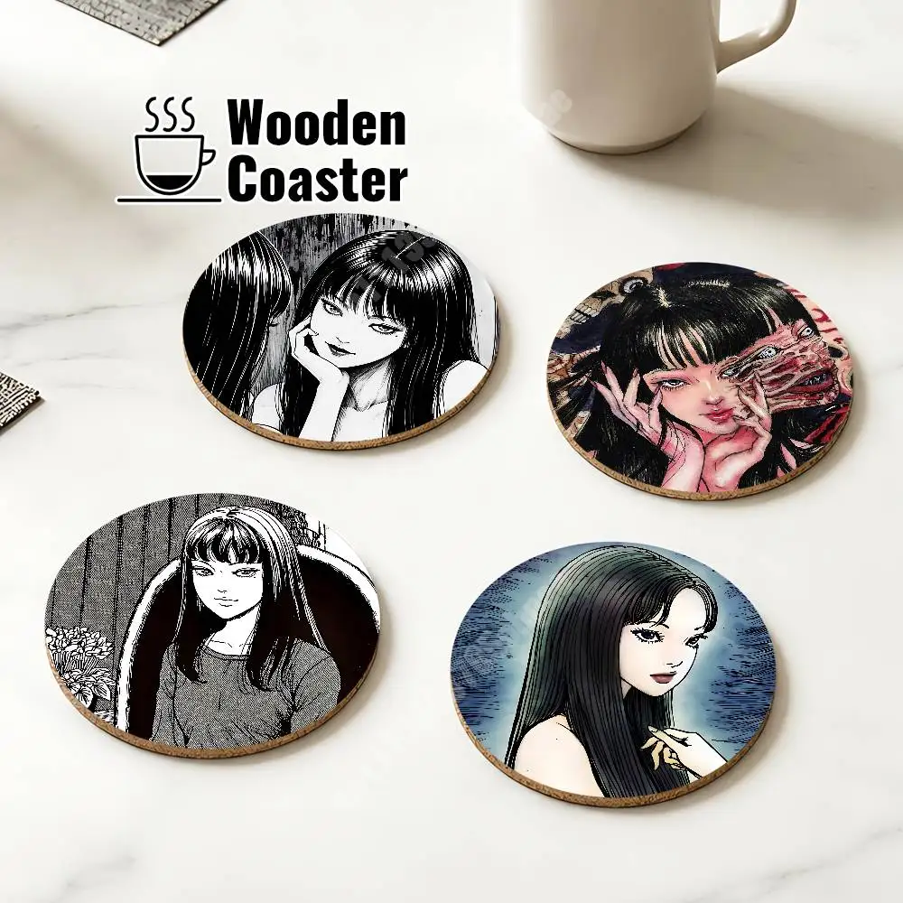 T-Tomie Kawakami Horror Manga Wooden Cup Mat Americano Beer Milk Water Coaster for Baking Studio
