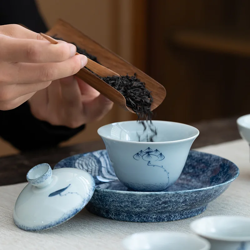 HYS hand-painted lotus ceramic fat white cover bowl hand grab brewing tea  Sancai bowl cup tea bowl tea set