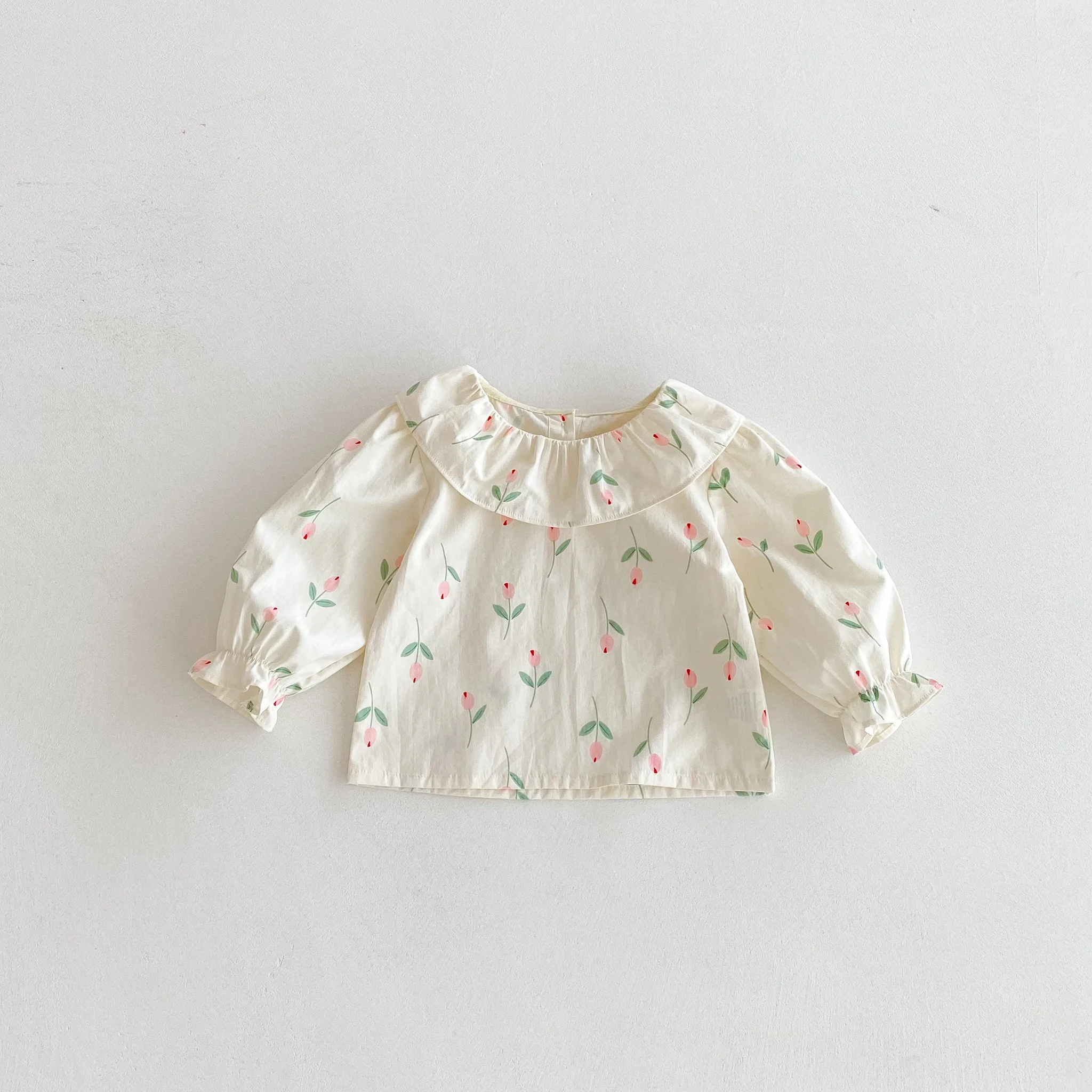Frühlings- und Herbst-Freizeitoberteil für Babymädchen mit Revers und Langen Ärmeln, Tulpenblumen-Volldruck-Unterhemd