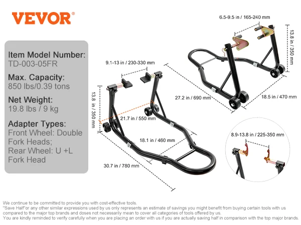 SucceBuy Motorcycle Stand Lift 850lbs Voor Achter Combo Stand Lift Stand Voor- en Achterwiel Vork Stand Zware Achterwiel Stand