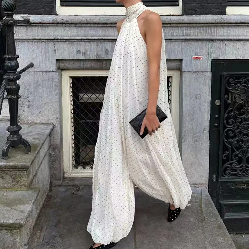 2026 Summer New Retro Polka Dot Neckline Jumpsuits for Women - Elegant Business Casual Loose Flowy Wide Leg Pants