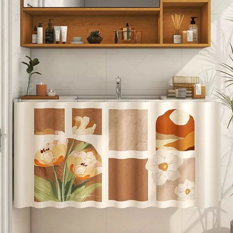 VIKAMA Tulip Abstract Patchwork Bathroom Cabinet Curtain for Sink Vanity Cover Skirt Classic Aesthetic Hanging Home Decor