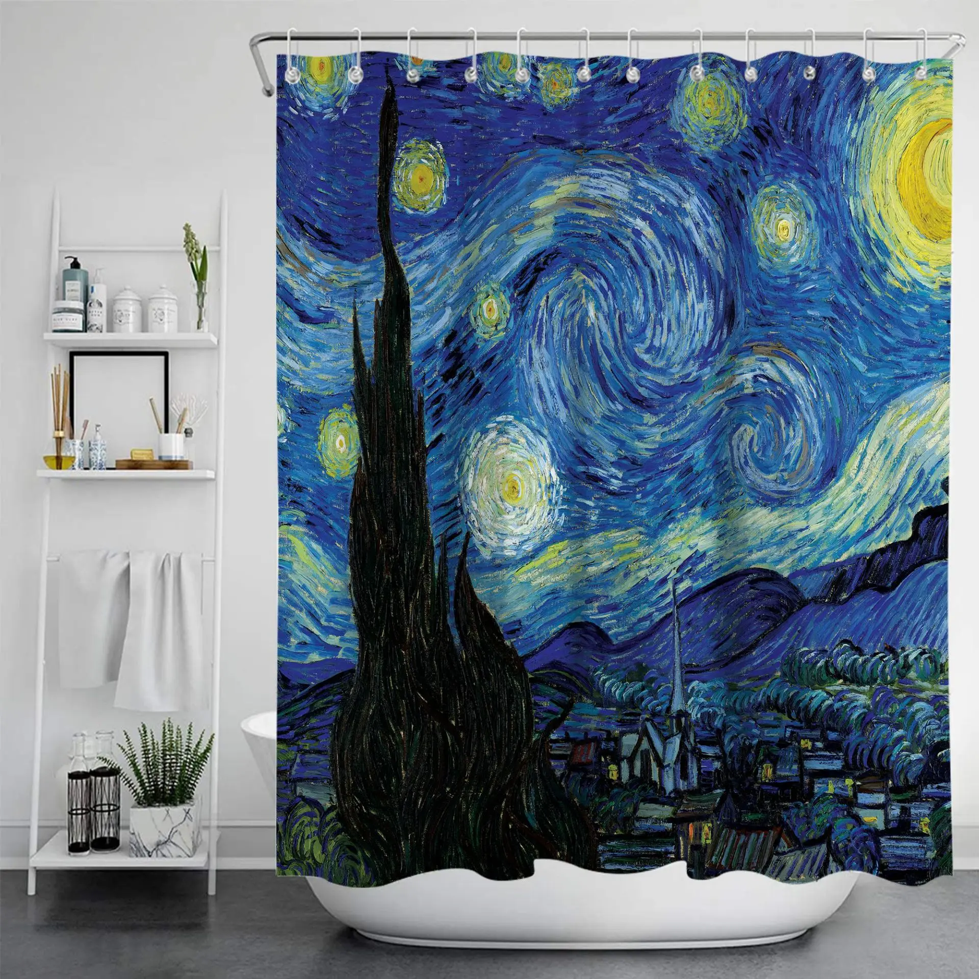 Van Gogh Painting Waterproof Anti-mildew Shower Curtain No Punch Printed Bathroom  Sanitary Towel Bath Partition