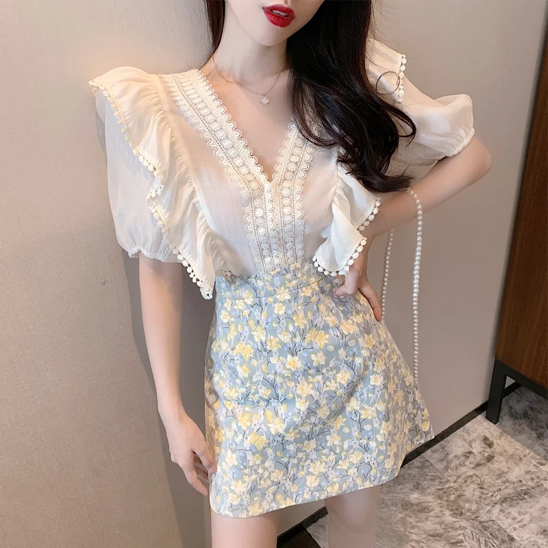 Women\'s Two Piece Set Short Sleeve Skirt Office Female Outfits Printing Vacation 2024 New in The Same Summer Clothes Matching