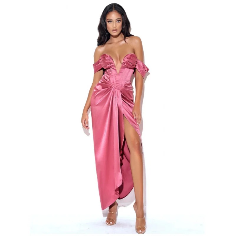 2023 nieuwe collectie roze off-shoulder strapless satijnen sexy mode lange jurk voor verjaardagsbanketfeest